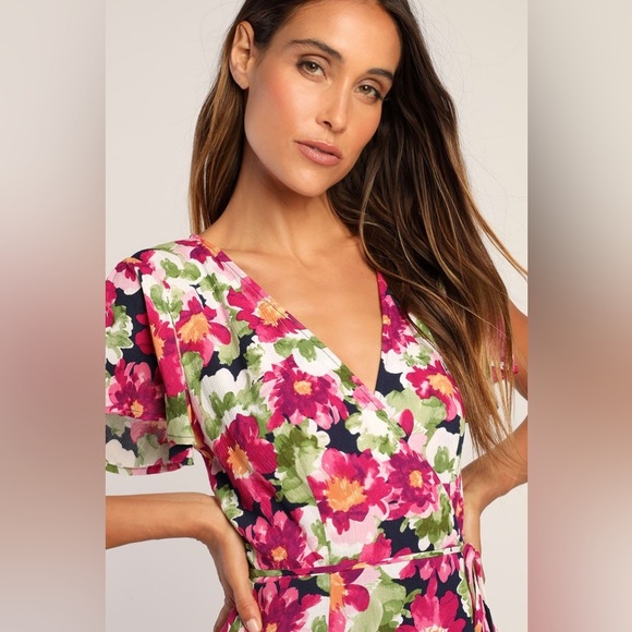 LULU’S Harbor Point Magenta Multi Floral Print Wrap Dress - Picture 3 of 7